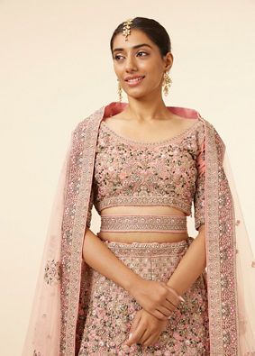 alt message - Mohey Women Geranium Pink Bel Buti Patterned Bridal Lehenga image number 2